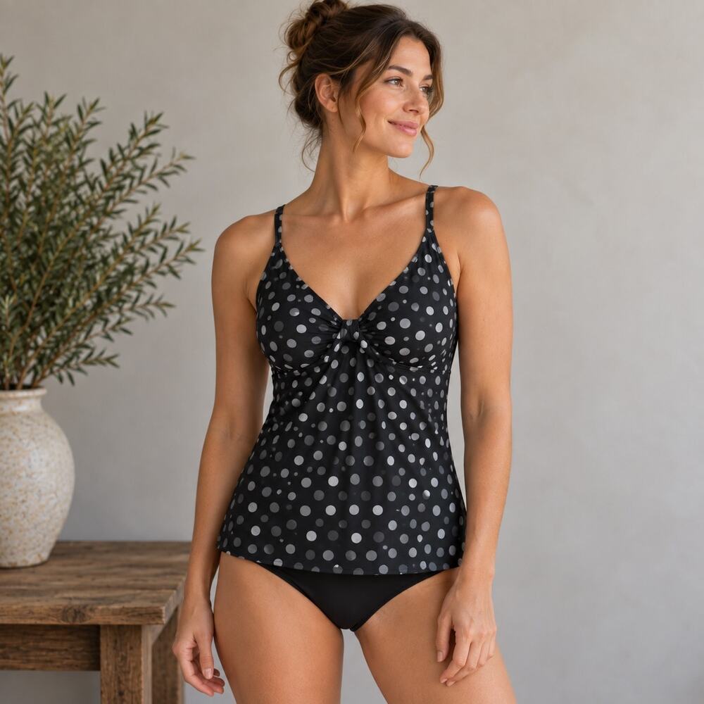 Athleta Black & Gray Dotted Swim Tankini Top 38B/C